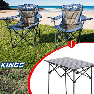Adventure Kings Aluminium Roll-Up Camping Table + 2x Adventure Kings Throne Camping Chair