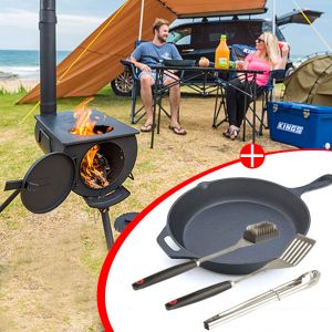 Adventure Kings Camp Oven/Stove + Cast Iron Skillet Pan + BBQ Tool Set